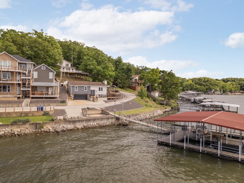 Aerial view of the dock and the house