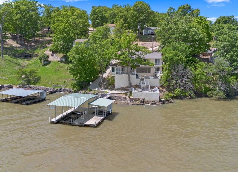 Aerial view of the dock and the house