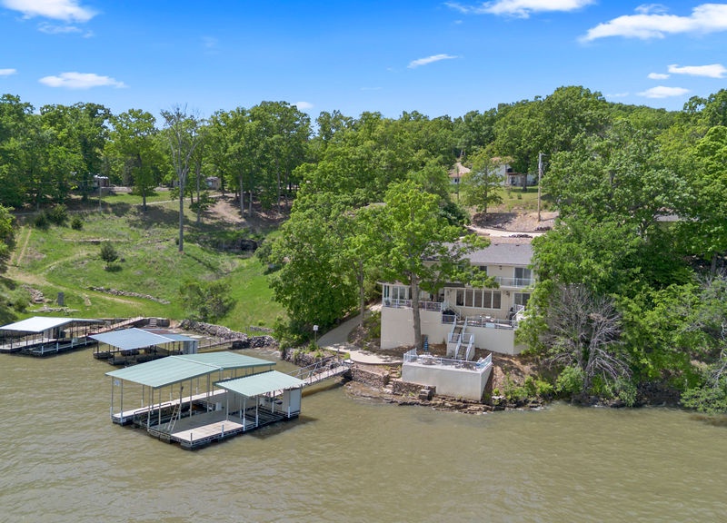 Aerial view of the dock and the house