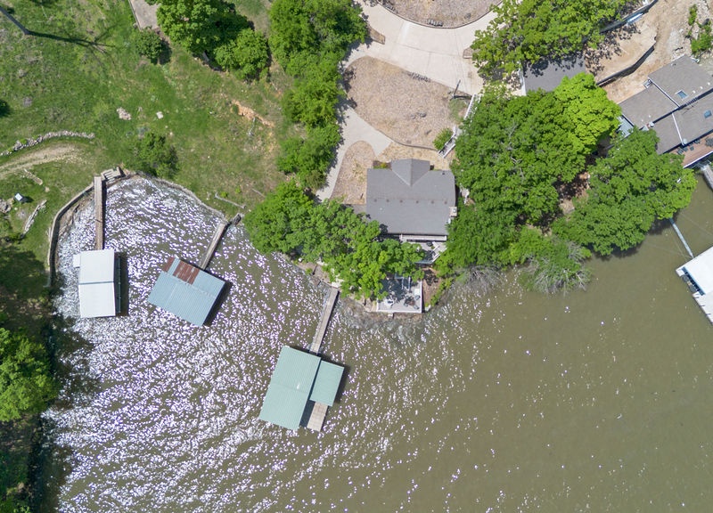 Aerial view of the dock and the house