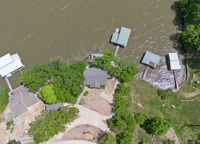 Aerial view of the dock and the house