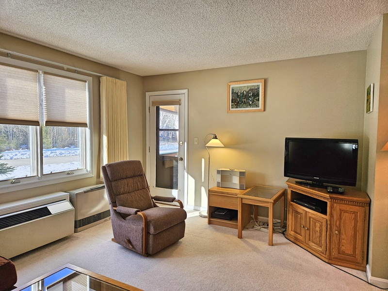 TV area with deck beyond