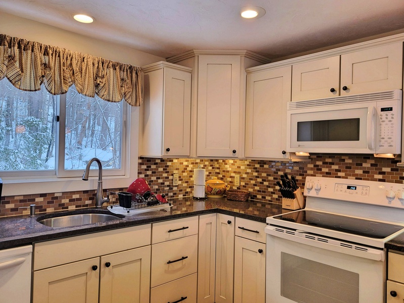 Updated kitchen with wooded view