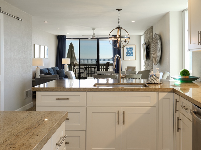 You can look out to the beach and ocean from the kitchen