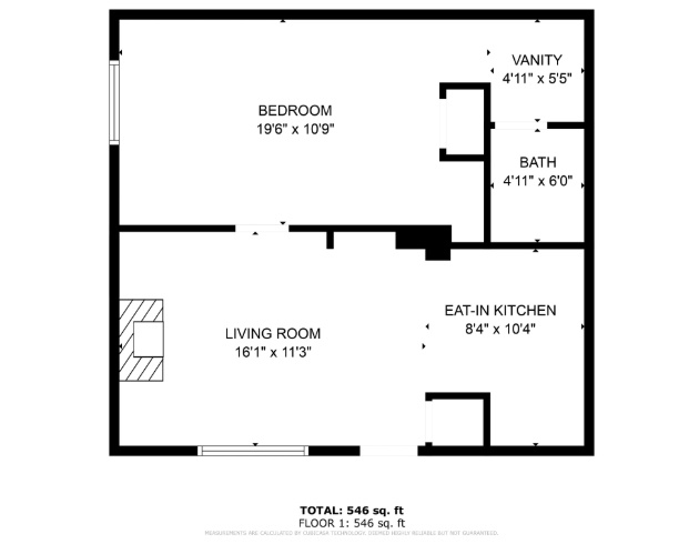 Bright and cozy 546 sq. ft. one-bedroom beach condo with an open living area, full kitchen, comfy bedroom, and modern bath.
