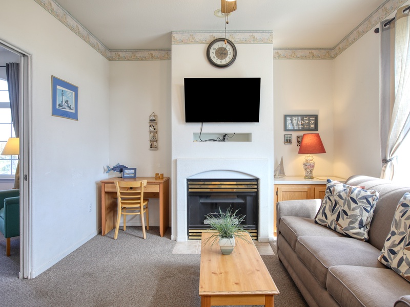 Welcome to Seaside Setting, Unit 109! Your breezy upstairs one-bedroom beach retreat features a comfy king bed and a sleeper sofa for extra guests. Kick back in the full kitchen, perfect for whipping up seaside snacks after a day on the sand.