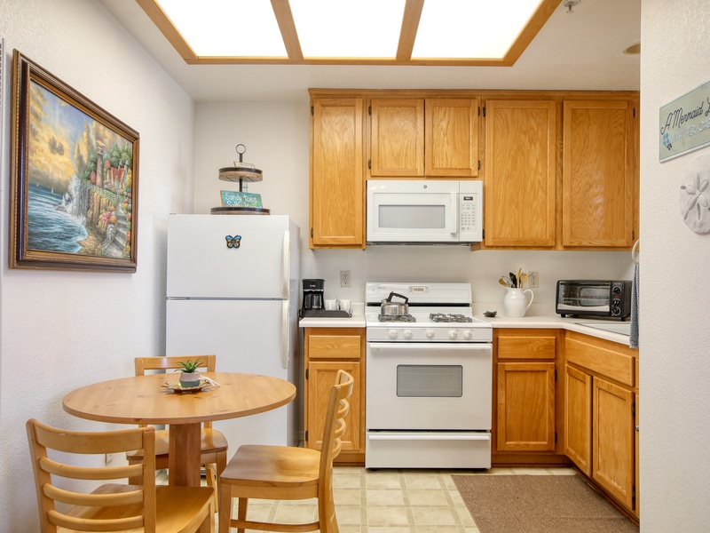 Small but well-equipped, featuring a coffee maker for your daily brew.