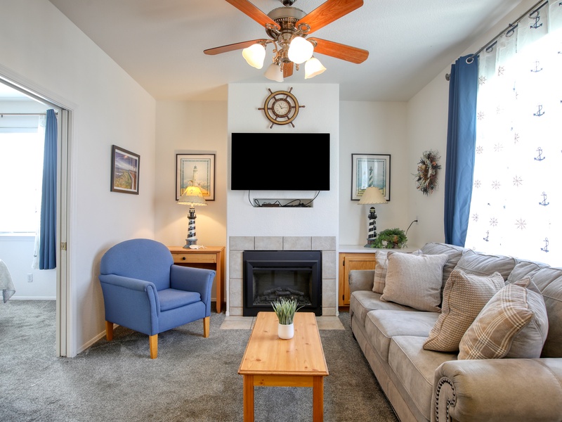 This charming one-bedroom condo features a king bed, full kitchen, private patio, and shared hot tub and BBQ access — all just a short stroll from the sun and shore.