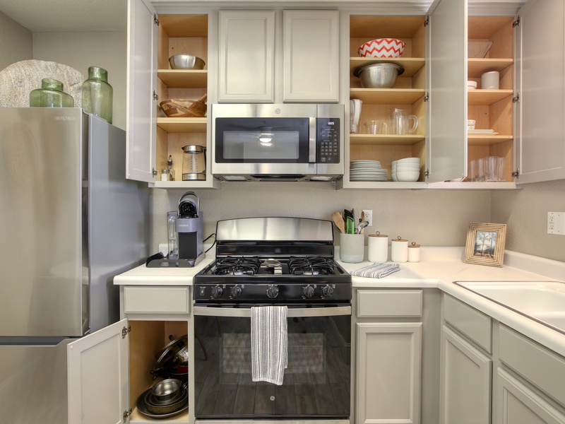 You'll find everything you need to prepare meals in the well-appointed kitchen. It comes fully stocked with dishware, glassware, cutlery, and a complete set of quality pots and pans, making it easy to enjoy home-cooked meals during your tranquil retreat.