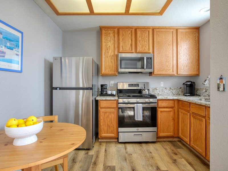 Cook, brew, and relax — our kitchen has everything you need, including your morning coffee fix.